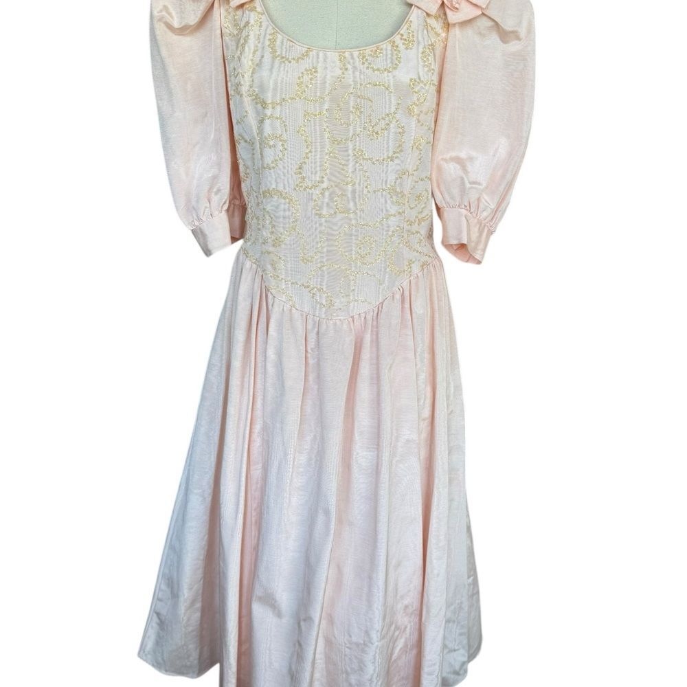 Vintage 80s Scott McClintock Pale Pink Puff Sleeve Dress Embroidered Bodice 12